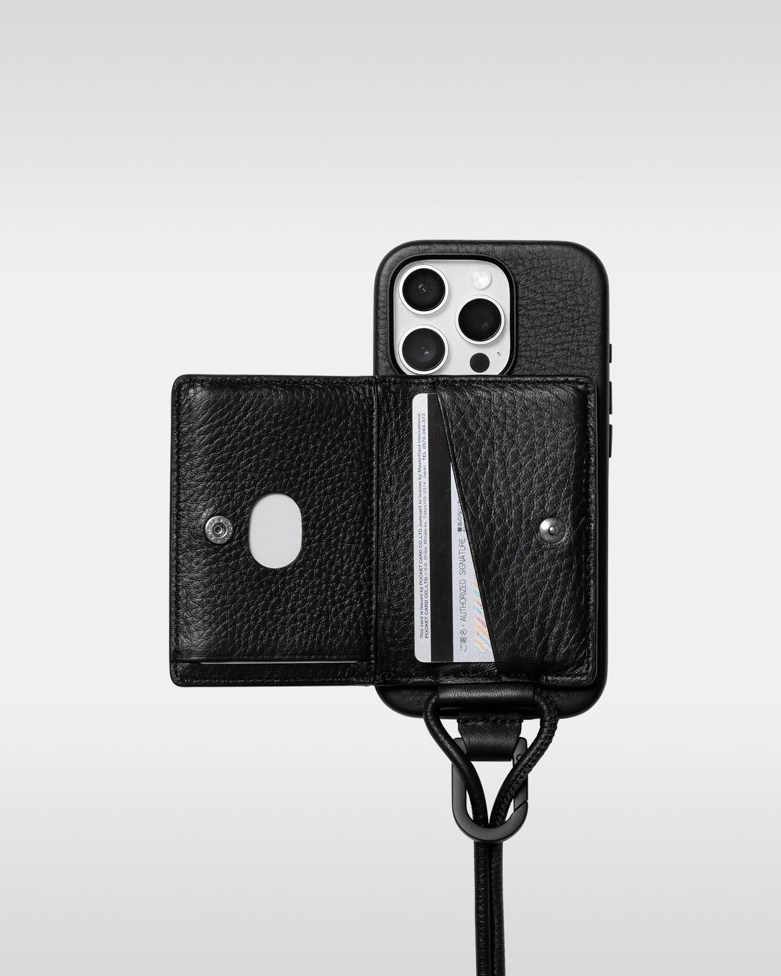 レザー製iPhoneショルダーストラップ ブラック｜首掛け・斜めがけ対応