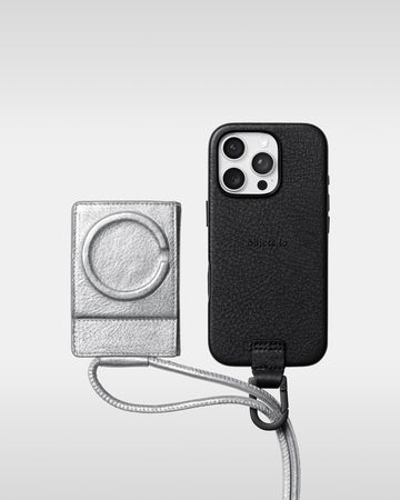 アジャスタブルレザーストラップ + iPhoneケースセット - エンベロープ - ブラック × シルバー